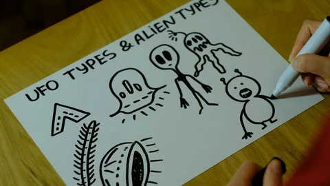 Image on paper of different space creatures and UFOs Video stock 129720138