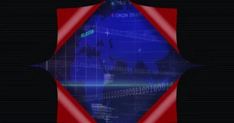 Image of paper opening over map, binary codes, programming language on abst.. Stock-Fotos