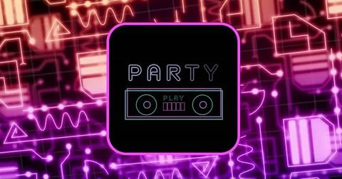 Image of party text, data processing over computer circuit board 库存插图