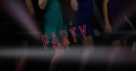 Image of party text over diverse female friends dancing Stock Photos
