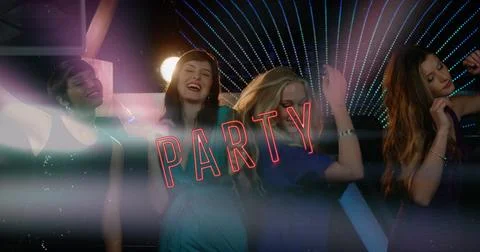 Image of party text over diverse female friends dancing Stock Photos