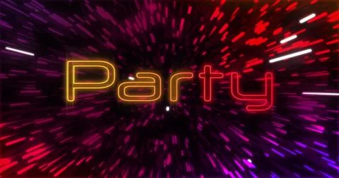 Image of party text over light trails on black background Stock Photos
