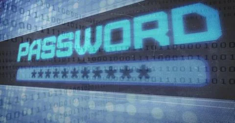 Image of password text and binary coding data processing over blue background Stock Photos