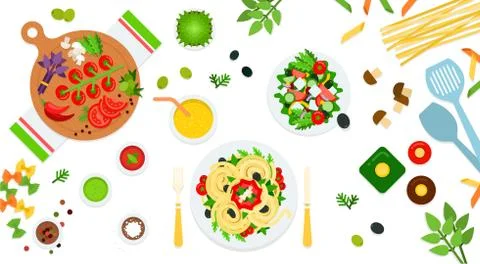 Image of pasta, salad and assorted ingredients vector illustration in a flat Stock Illustration