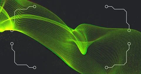 Image of patterned borders around green twist data connection wave moving on 스톡 일러스트