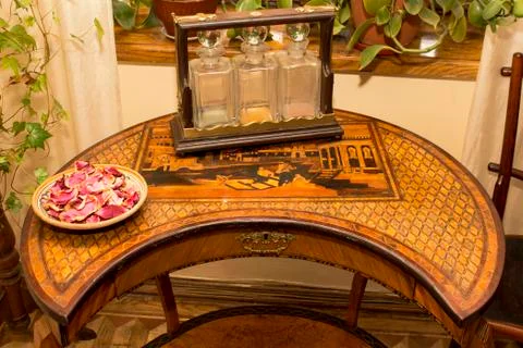 An image with patterns on the surface of an antique table Stock Photos