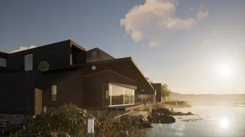 Image pavilion on the river 3d render illustration Stock Illustration