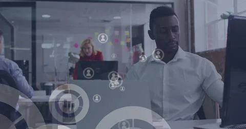Image of people and data icons african american businessman using phone and Stock Photos