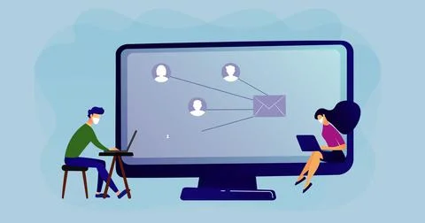 Image of people in face masks using electronic devices over screen with icons Stock Illustration