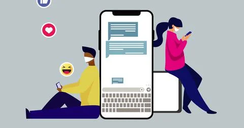 Image of people in face masks using electronic devices with screen 스톡 일러스트