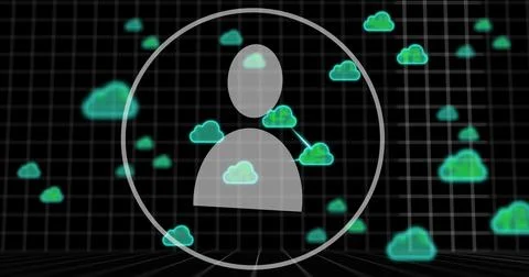 Image of people icon, data processing and clouds over dark background Illustrazione stock