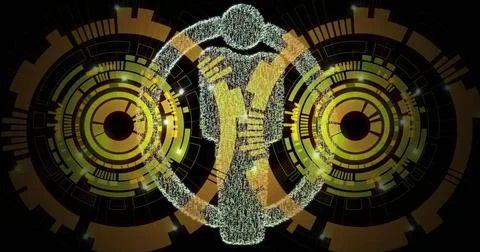 Image of people icon, digital data processing over scopes scanning Illustrazione stock