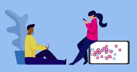Image of people using electronic devices and social media icons on screen Stock Illustration