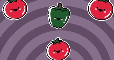 Image of peppers and tomatoes moving on violet background Stock Illustration