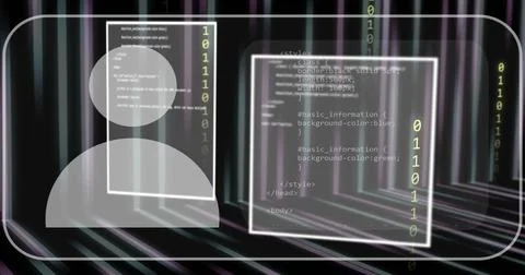Image of person icon, processing data and coding interface screens on black イラスト素材