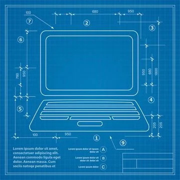 Image of a personal computer on a blueprint drawing Stock Illustration