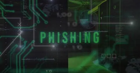 Image of phishing text and data processing over server room Stock Illustration
