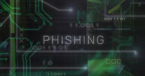 Image of phishing text and data processing over server room Illustrazione stock