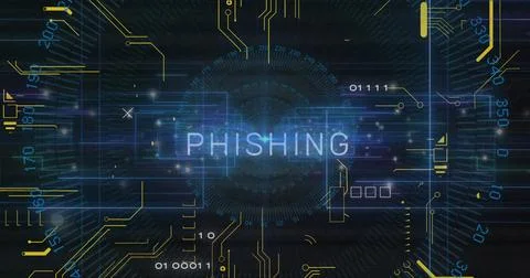 Image of phishing text and data processing over circuit board on dark background Stock Illustration