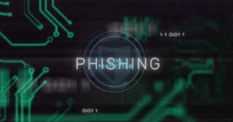 Image of phishing text and digital data processing over black background Illustrazione stock