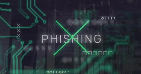 Image of phishing text over computer circuit board and data processing Illustrazione stock