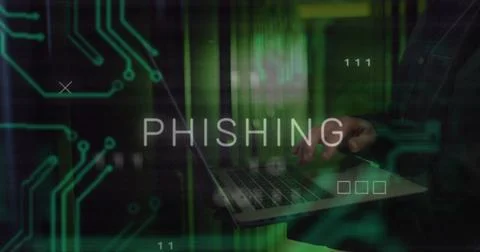 Image of phishing text over data processing and caucasian male worker in server Stock Illustration