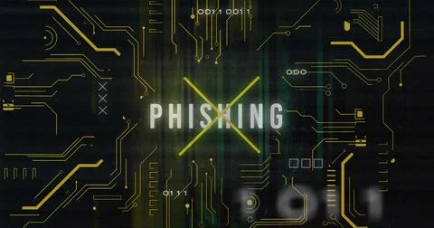 Image of phishing text over data processing and server room Stockillustratie