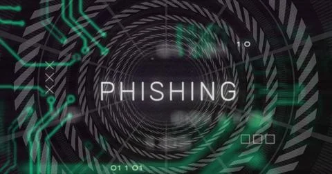 Image of phishing text over network and processing data on black background Stock Photos