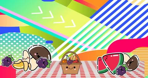 Image of picnic baskets on gingham tablecloth over abstract pattern background Stock Illustration