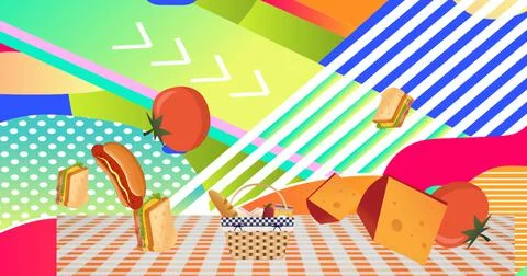 Image of picnic baskets on gingham tablecloth over abstract pattern background 스톡 일러스트