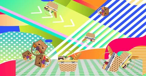 Image of picnic baskets on gingham tablecloth over abstract pattern background Illustrazione stock