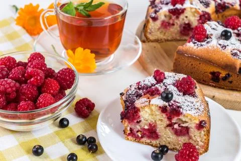 Image with pie and raspberry Stock Photos