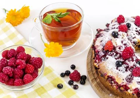 Image with pie and raspberry Stock Photos