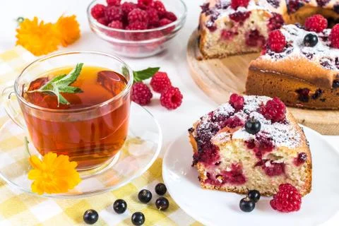 Image with pie and raspberry Stock Photos