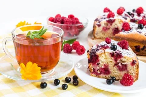 Image with pie and raspberry Stock Photos