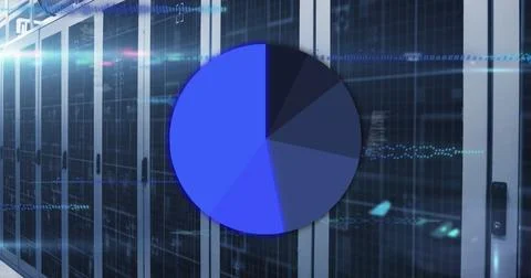 Image of pie chart and data processing against computer server room 스톡 사진