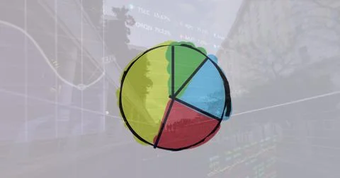 Image of pie graph icon against time-lapse of people walking on the city bridge Stock Photos