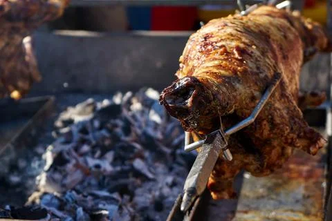 The image of a pig on a spit. Stock Photos