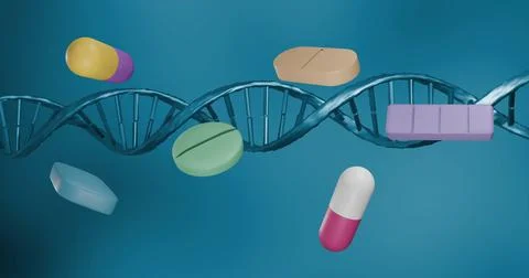 Image of pills moving over dna strand spinning Stockillustratie
