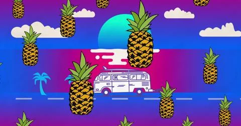 Image of pineapples and bus over sea and sun Stock Illustration