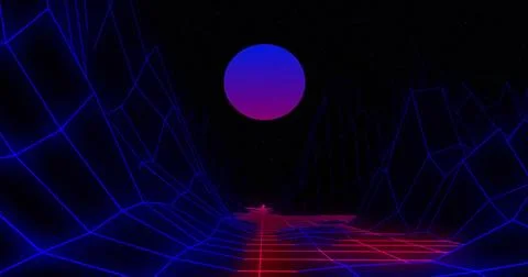 Image of pink and blue moon over moving digital grid landscape on black Ilustração Stock