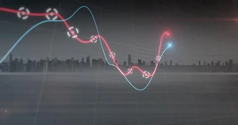 Image of pink and red graph processing data over cloudy grey cityscape Stock Photos
