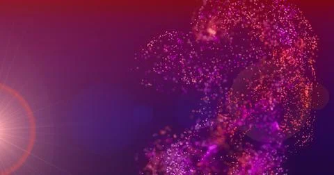 Image of pink and red particle cloud and red light moving on purple background Stock Illustration