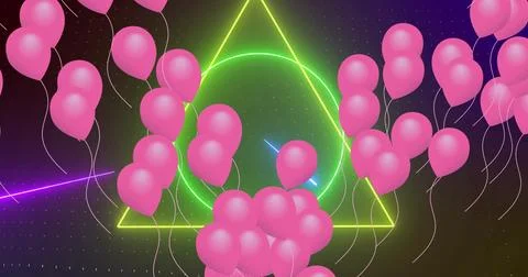 Image of pink balloons floating over colourful scanner on black background Stock Illustration