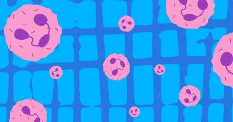 Image of pink cells on blue background with changing shapes 스톡 일러스트