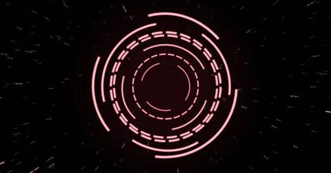 Image of pink circular interfaces pulsating and spinning over specks on black イラスト素材