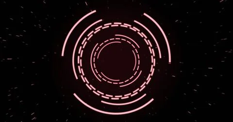 Image of pink circular interfaces pulsating and spinning over specks on black Stock Illustration