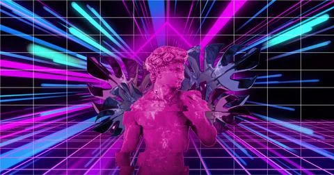 Image of pink classical statue and leaves distorting over grid and neon beams on Stock Photos