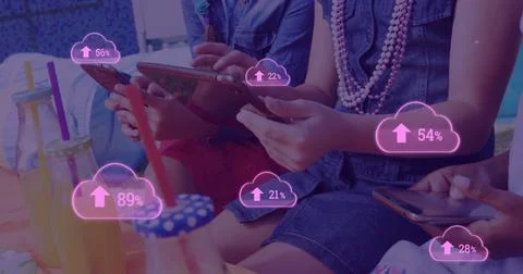 Image of pink clouds with arrows pointing up and percent increasing from zero Stock Photos