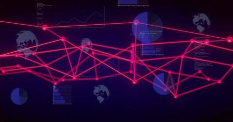 Image of pink connections over data processing and diagrams 库存照片